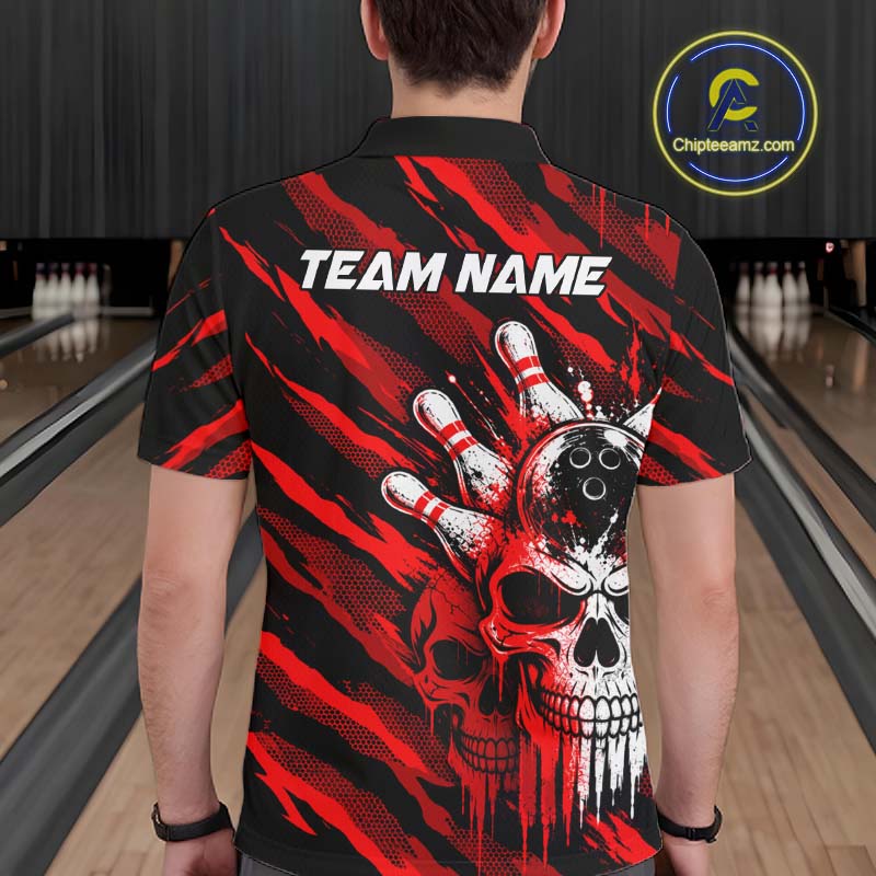 Red Camo Skull Bowling Shirt, Custom Bowling Shirts for Men Bowling Team Jersey for Bowler HNT683