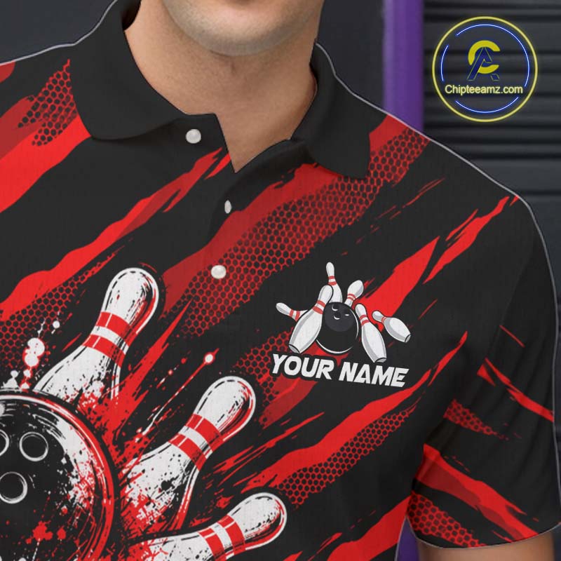 Red Camo Skull Bowling Shirt, Custom Bowling Shirts for Men Bowling Team Jersey for Bowler HNT683