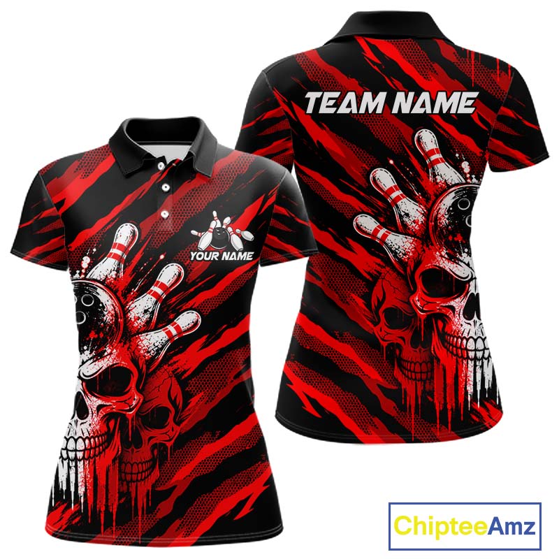 Red Camo Skull Bowling Shirt, Custom Bowling Shirts for Women Bowling Team Jersey for Bowler HNT683