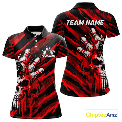 Red Camo Skull Bowling Shirt, Custom Bowling Shirts for Women Bowling Team Jersey for Bowler HNT683