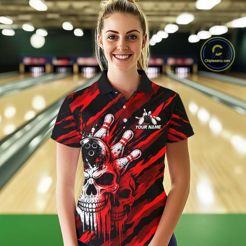 Red Camo Skull Bowling Shirt, Custom Bowling Shirts for Women Bowling Team Jersey for Bowler HNT683