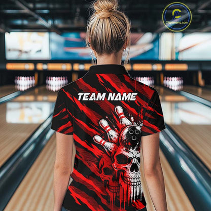 Red Camo Skull Bowling Shirt, Custom Bowling Shirts for Women Bowling Team Jersey for Bowler HNT683