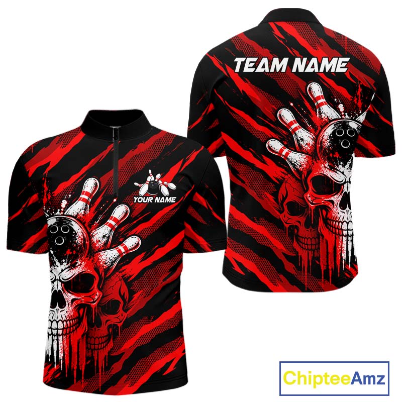 Red Camo Skull Bowling Shirt, Custom Bowling Shirts for Men Bowling Team Jersey for Bowler HNT683