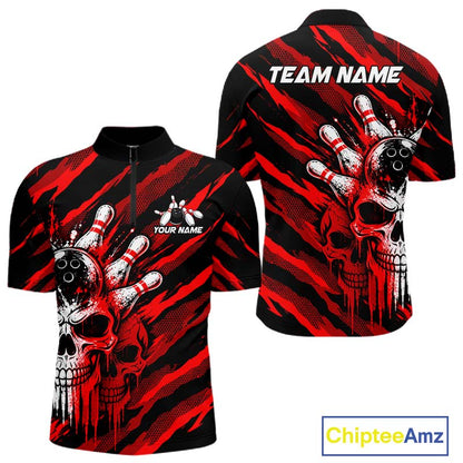 Red Camo Skull Bowling Shirt, Custom Bowling Shirts for Men Bowling Team Jersey for Bowler HNT683
