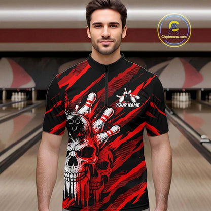 Red Camo Skull Bowling Shirt, Custom Bowling Shirts for Men Bowling Team Jersey for Bowler HNT683