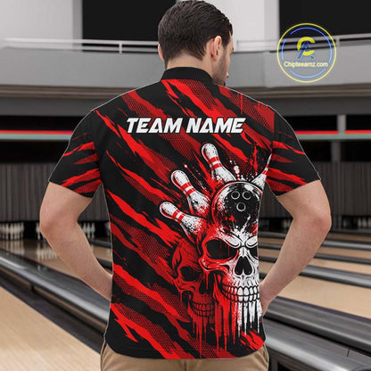 Red Camo Skull Bowling Shirt, Custom Bowling Shirts for Men Bowling Team Jersey for Bowler HNT683