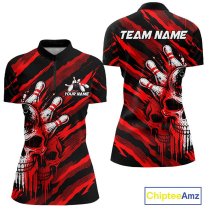 Red Camo Skull Bowling Shirt, Custom Bowling Shirts for Women Bowling Team Jersey for Bowler HNT683