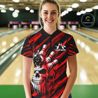 Red Camo Skull Bowling Shirt, Custom Bowling Shirts for Women Bowling Team Jersey for Bowler HNT683
