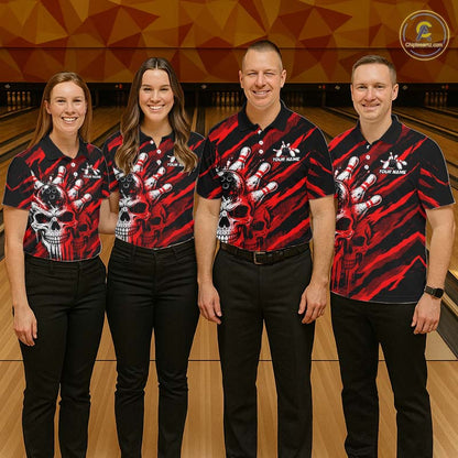 Red Camo Skull Bowling Shirt, Custom Bowling Shirts for Men Bowling Team Jersey for Bowler HNT683