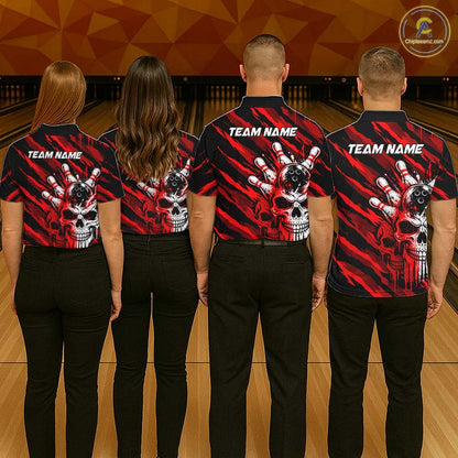 Red Camo Skull Bowling Shirt, Custom Bowling Shirts for Women Bowling Team Jersey for Bowler HNT683