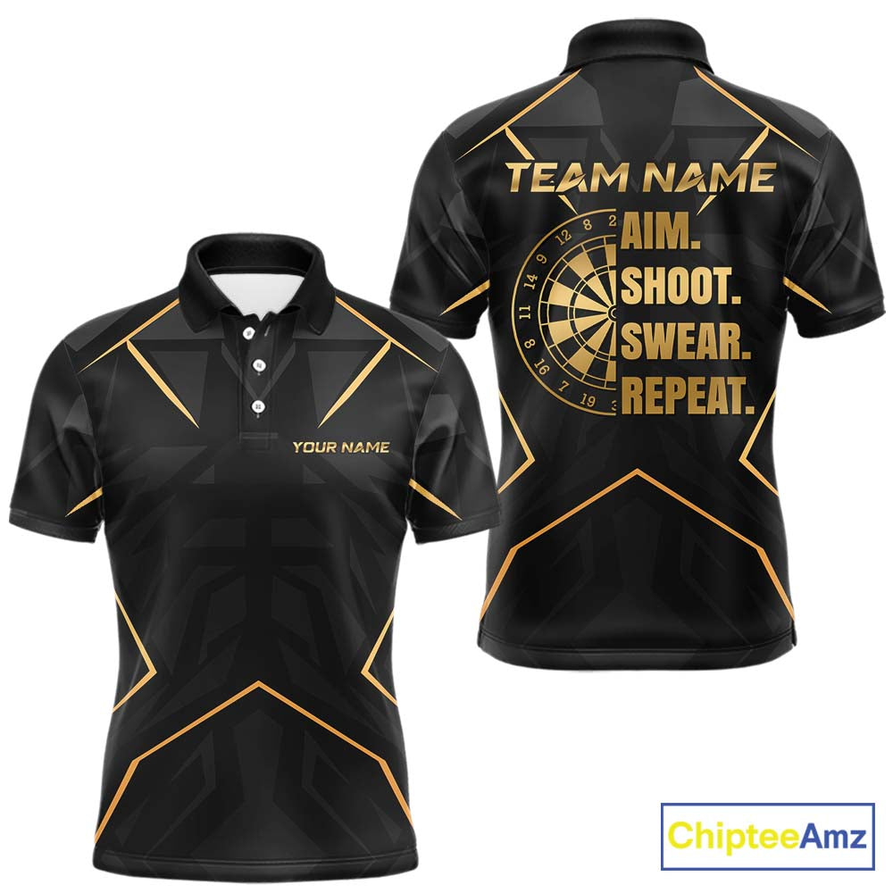 Custom Black Gold Aim Shoot Swear Repeat Darts Shirt for Men Darts Team Jerseys Polo & 1/4 Zip NNT372