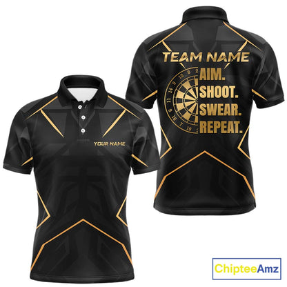 Custom Black Gold Aim Shoot Swear Repeat Darts Shirt for Men Darts Team Jerseys Polo & 1/4 Zip NNT372