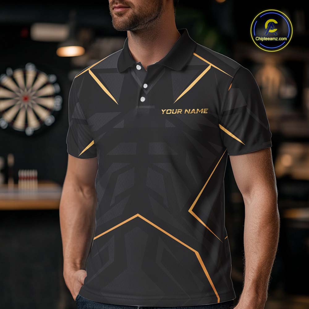 Custom Black Gold Aim Shoot Swear Repeat Darts Shirt for Men Darts Team Jerseys Polo & 1/4 Zip NNT372