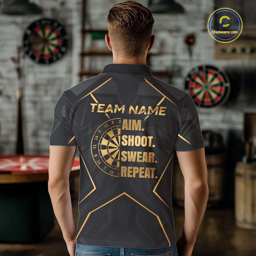 Custom Black Gold Aim Shoot Swear Repeat Darts Shirt for Men Darts Team Jerseys Polo & 1/4 Zip NNT372
