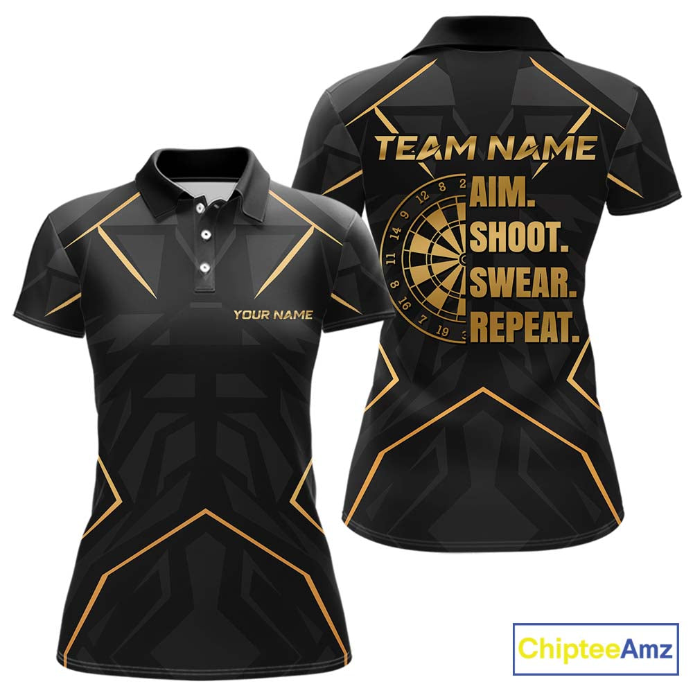 Custom Black Gold Aim Shoot Swear Repeat Darts Shirt for Women Darts Team Jerseys Polo & 1/4 Zip NNT372