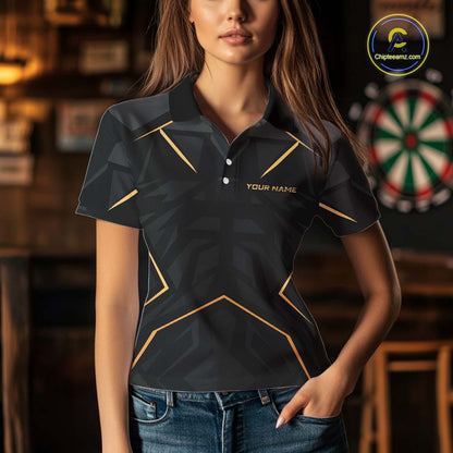 Custom Black Gold Aim Shoot Swear Repeat Darts Shirt for Women Darts Team Jerseys Polo & 1/4 Zip NNT372