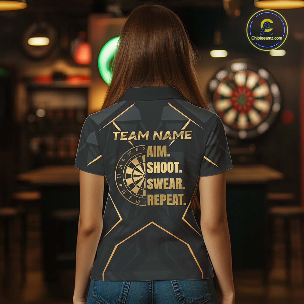 Custom Black Gold Aim Shoot Swear Repeat Darts Shirt for Women Darts Team Jerseys Polo & 1/4 Zip NNT372