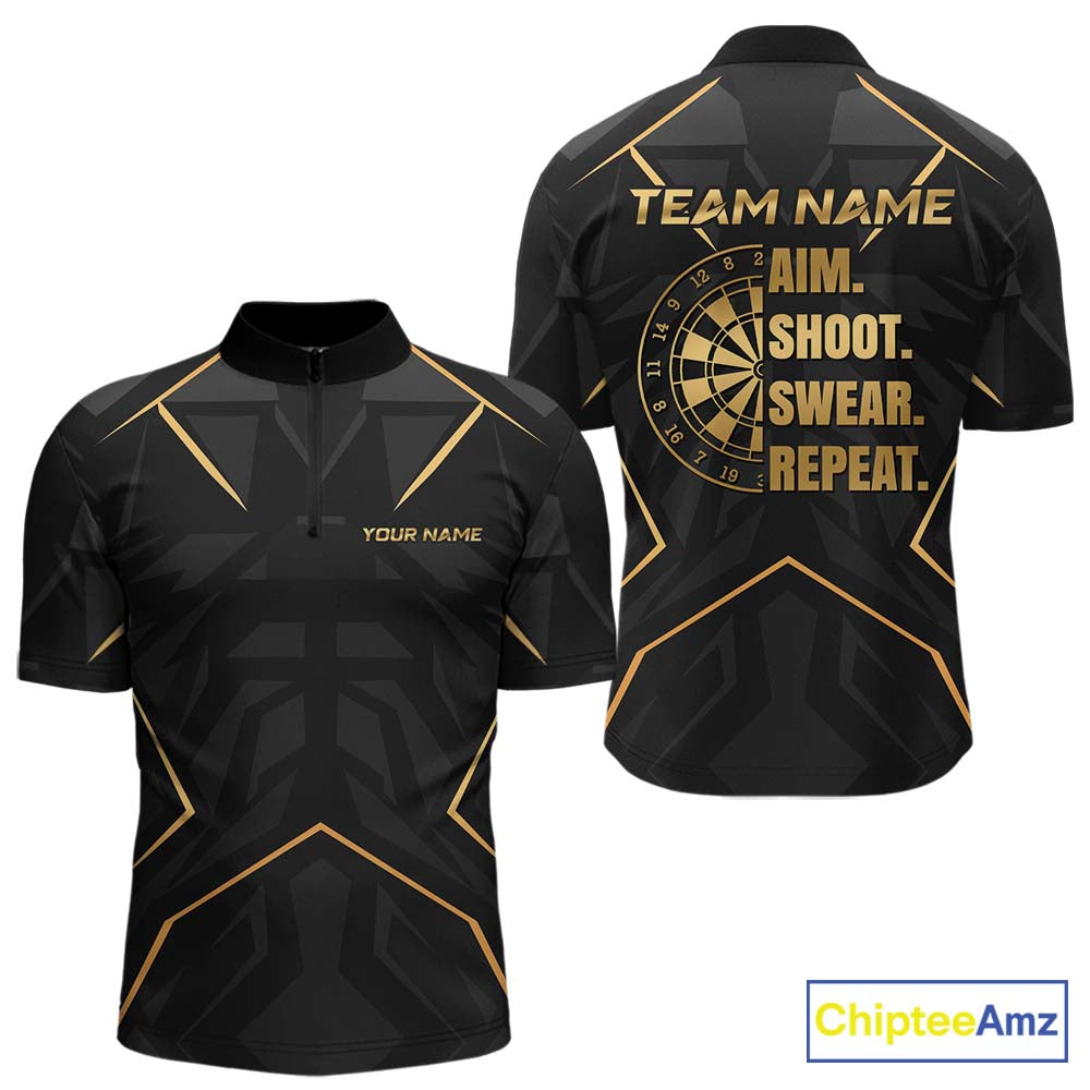 Custom Black Gold Aim Shoot Swear Repeat Darts Shirt for Men Darts Team Jerseys Polo & 1/4 Zip NNT372