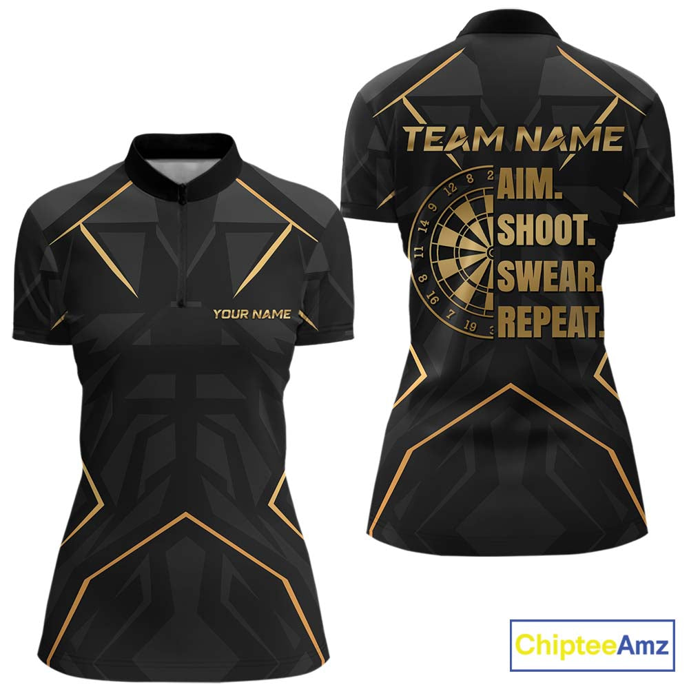 Custom Black Gold Aim Shoot Swear Repeat Darts Shirt for Women Darts Team Jerseys Polo & 1/4 Zip NNT372