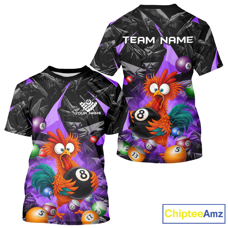 Colorful t-shirt with cartoon rooster and billiard balls design, featuring 'ChipteeAmz' branding.