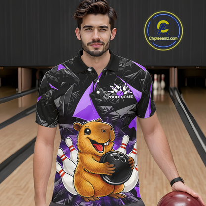 Custom Purple Capybara Bowling Jersey for Men Bowling Team Shirts Bowling Polo & 1/4 Zip HNT255