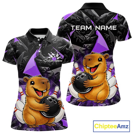 Custom Purple Capybara Bowling Jersey for Women Bowling Team Shirts Bowling Polo & 1/4 Zip HNT255