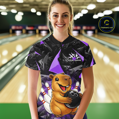 Custom Purple Capybara Bowling Jersey for Women Bowling Team Shirts Bowling Polo & 1/4 Zip HNT255