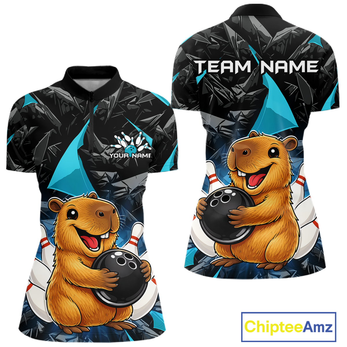 Custom Turquoise Capybara Bowling Jersey for Women Bowling Team Shirts Bowling Polo & 1/4 Zip HNT255