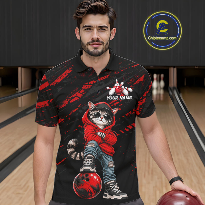 Custom Funny Red Cat Bowling Team Shirts Bowling Jersey for Men Bowling League Shirts HNT625
