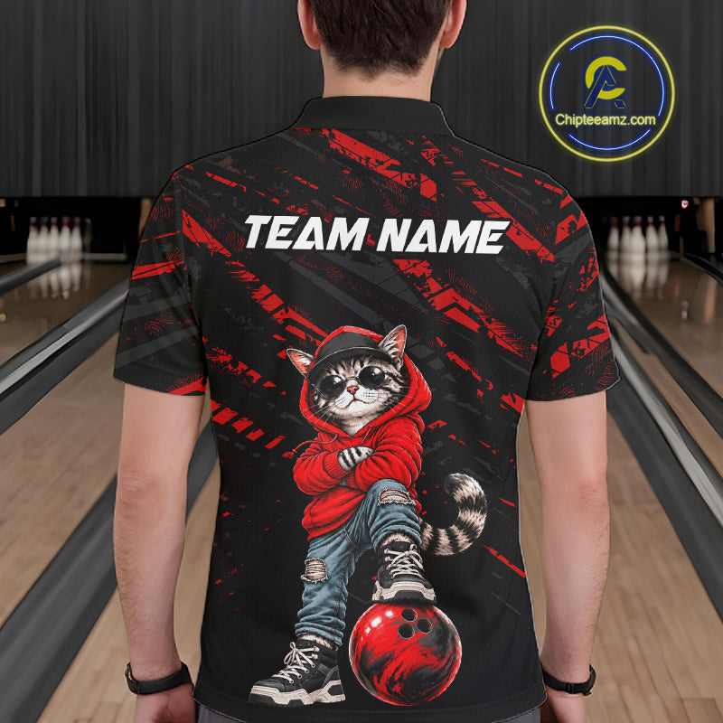 Custom Funny Red Cat Bowling Team Shirts Bowling Jersey for Men Bowling League Shirts HNT625