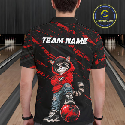 Custom Funny Red Cat Bowling Team Shirts Bowling Jersey for Men Bowling League Shirts HNT625