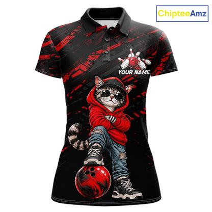 Custom Funny Red Cat Bowling Team Shirts Bowling Jersey for Women Bowling League Shirts HNT625