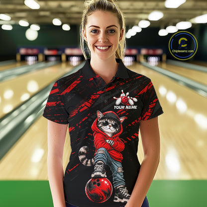 Custom Funny Red Cat Bowling Team Shirts Bowling Jersey for Women Bowling League Shirts HNT625