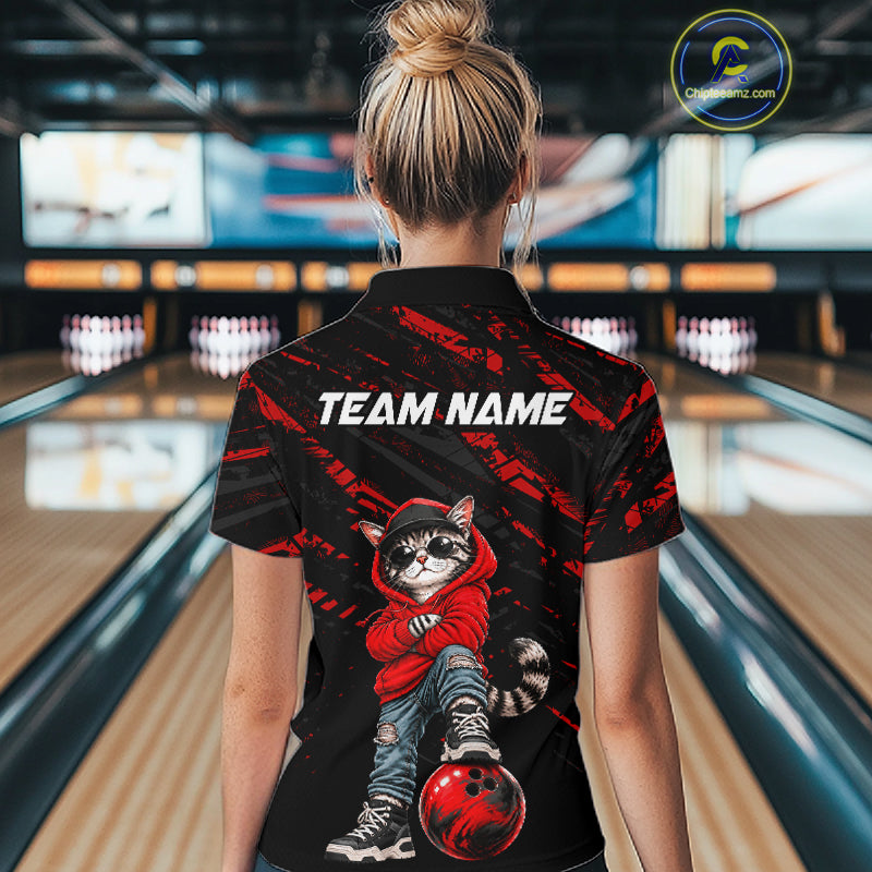 Custom Funny Red Cat Bowling Team Shirts Bowling Jersey for Women Bowling League Shirts HNT625