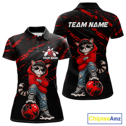 Custom Funny Red Cat Bowling Team Shirts Bowling Jersey for Women Bowling League Shirts HNT625