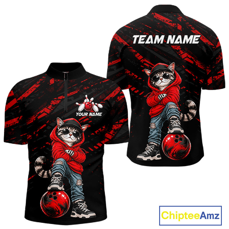 Custom Funny Red Cat Bowling Team Shirts Bowling Jersey for Men Bowling League Shirts HNT625
