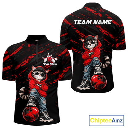 Custom Funny Red Cat Bowling Team Shirts Bowling Jersey for Men Bowling League Shirts HNT625