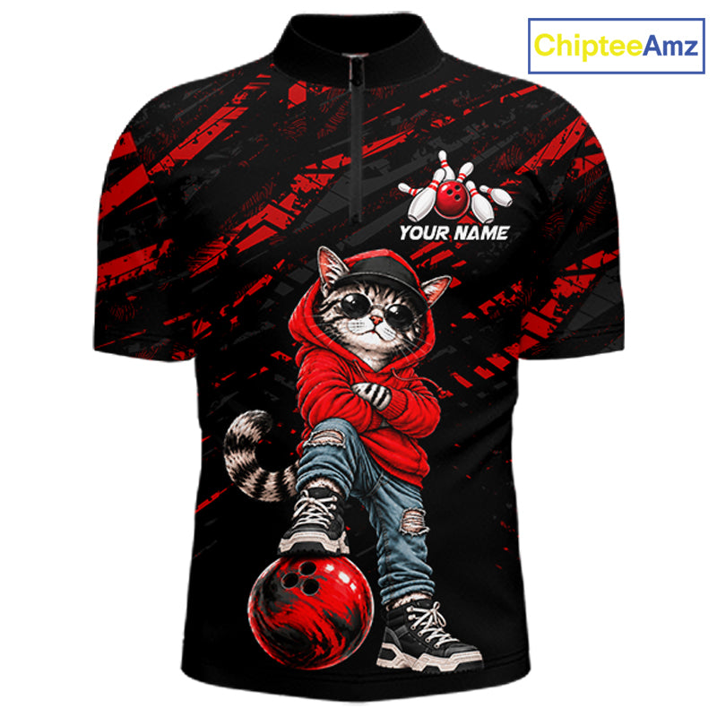 Custom Funny Red Cat Bowling Team Shirts Bowling Jersey for Men Bowling League Shirts HNT625