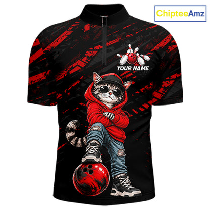Custom Funny Red Cat Bowling Team Shirts Bowling Jersey for Men Bowling League Shirts HNT625