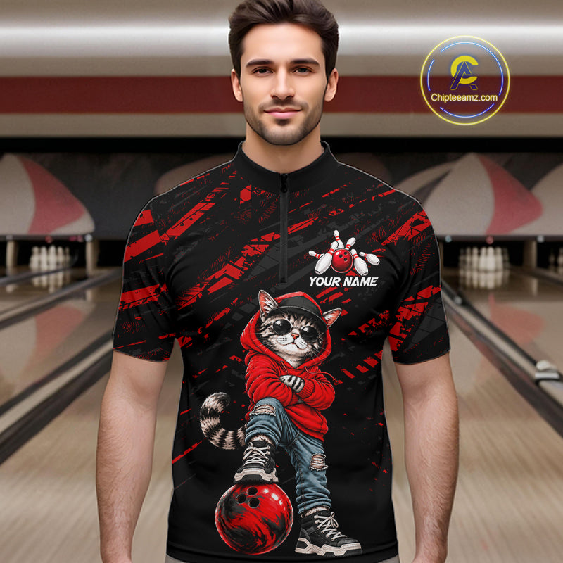 Custom Funny Red Cat Bowling Team Shirts Bowling Jersey for Men Bowling League Shirts HNT625