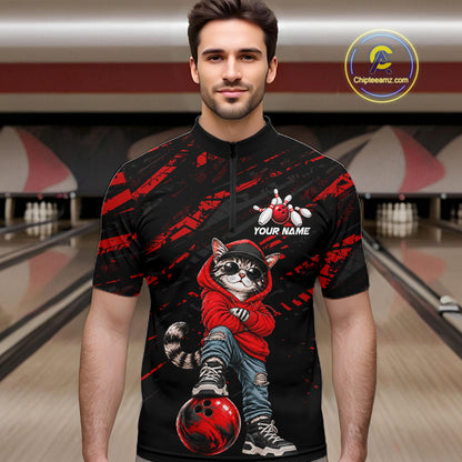 Custom Funny Red Cat Bowling Team Shirts Bowling Jersey for Men Bowling League Shirts HNT625