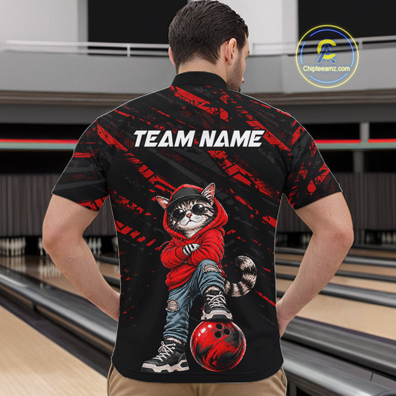 Custom Funny Red Cat Bowling Team Shirts Bowling Jersey for Men Bowling League Shirts HNT625
