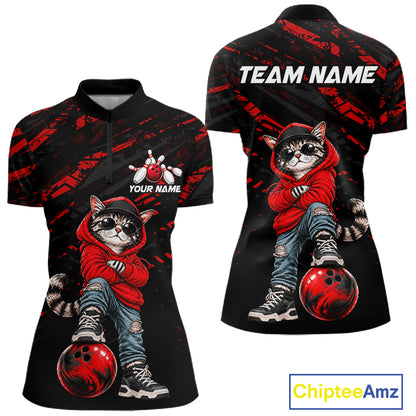 Custom Funny Red Cat Bowling Team Shirts Bowling Jersey for Women Bowling League Shirts HNT625
