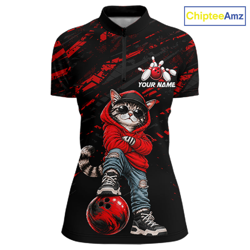 Custom Funny Red Cat Bowling Team Shirts Bowling Jersey for Women Bowling League Shirts HNT625