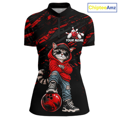 Custom Funny Red Cat Bowling Team Shirts Bowling Jersey for Women Bowling League Shirts HNT625