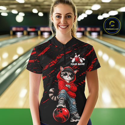 Custom Funny Red Cat Bowling Team Shirts Bowling Jersey for Women Bowling League Shirts HNT625