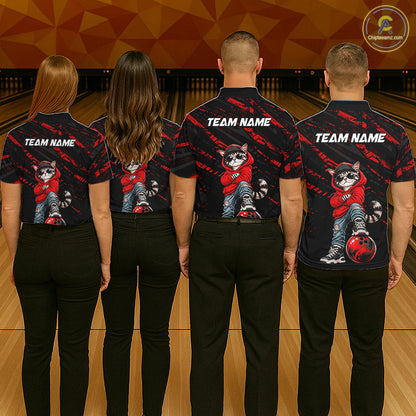 Custom Funny Red Cat Bowling Team Shirts Bowling Jersey for Men Bowling League Shirts HNT625