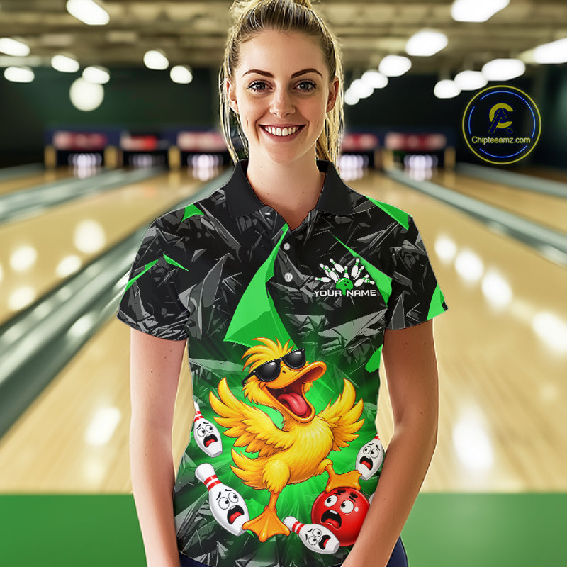 Custom Green Funny Duck Bowling Team Shirts for Women Bowling Uniform Bowling Tournament HNT623