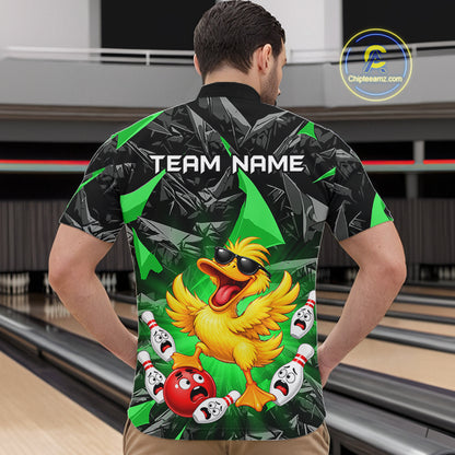 Custom Green Funny Duck Bowling Team Shirts for Men Bowling Uniform Bowling Tournament HNT623