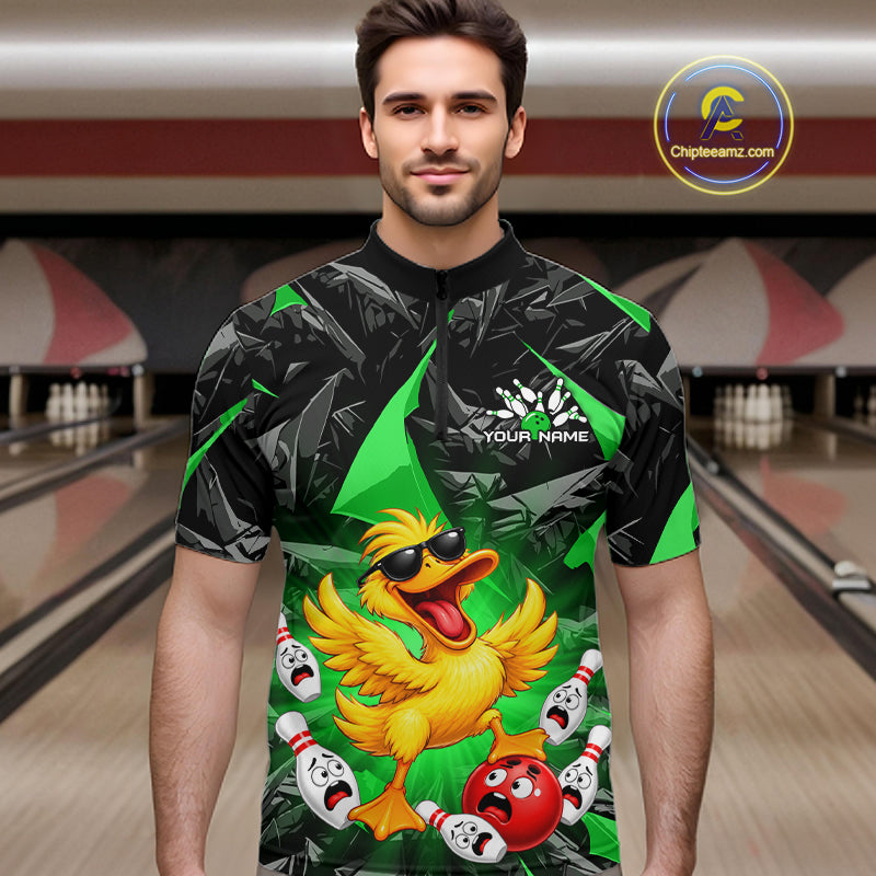 Custom Green Funny Duck Bowling Team Shirts for Men Bowling Uniform Bowling Tournament HNT623